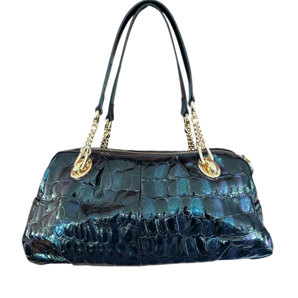 Zooler Iridescent Blue/Black Croc Embossed Patent Leather Satchel Shoulder Bag